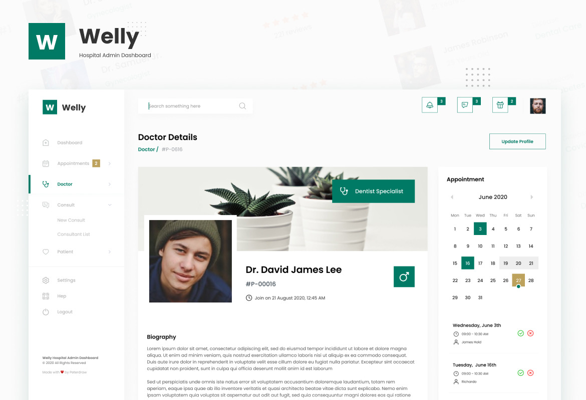 Welly - Hospital Admin Dashboard UI Template