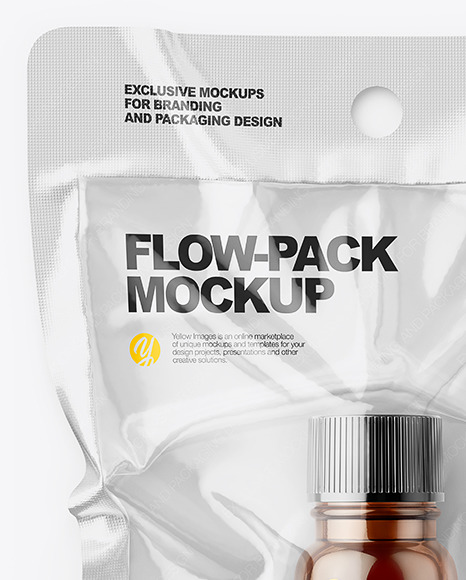 Vacuum Flow-Pack With Small Amber Glass Bottle Mockup - Top View