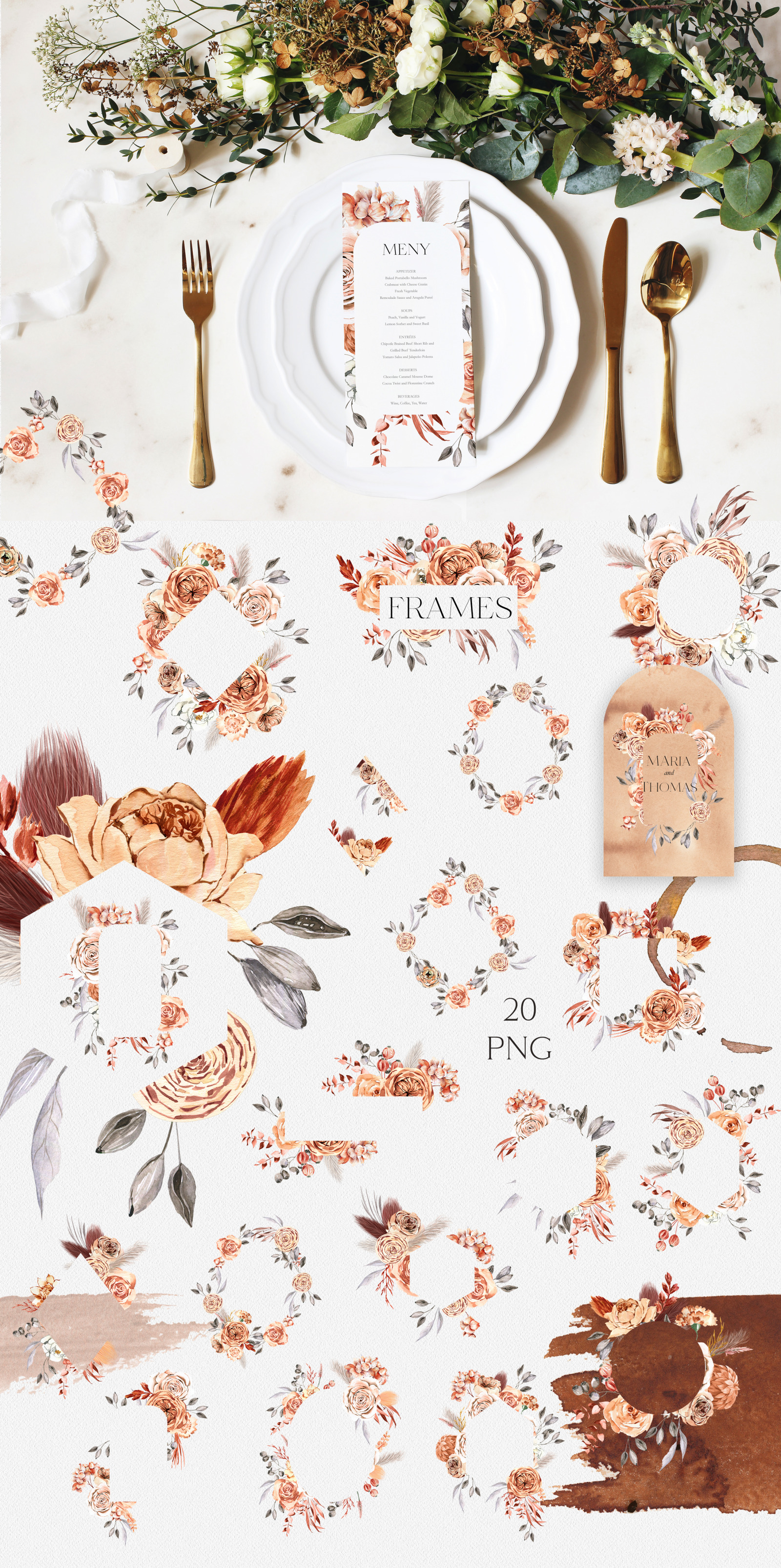 Caramel Latte Autumn Florals arrangements, bouquets, terracota, patterns. Fall clipart