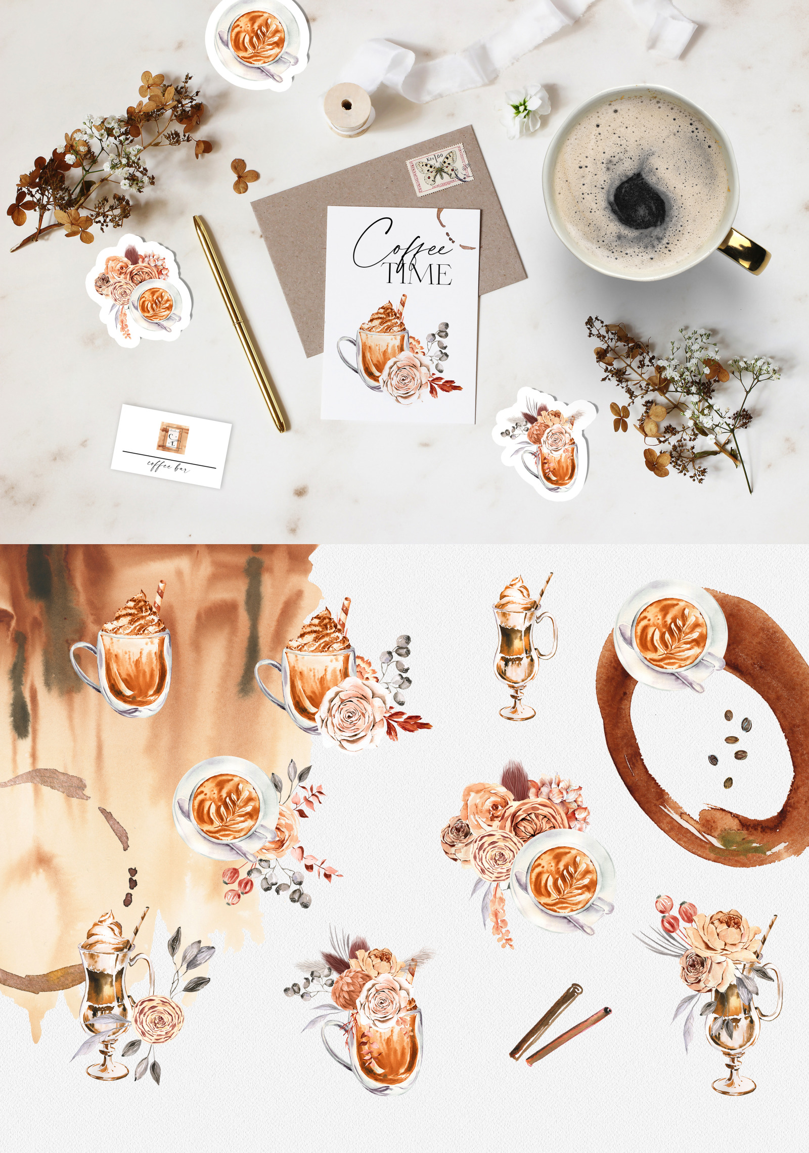 Caramel Latte Autumn Florals arrangements, bouquets, terracota, patterns. Fall clipart