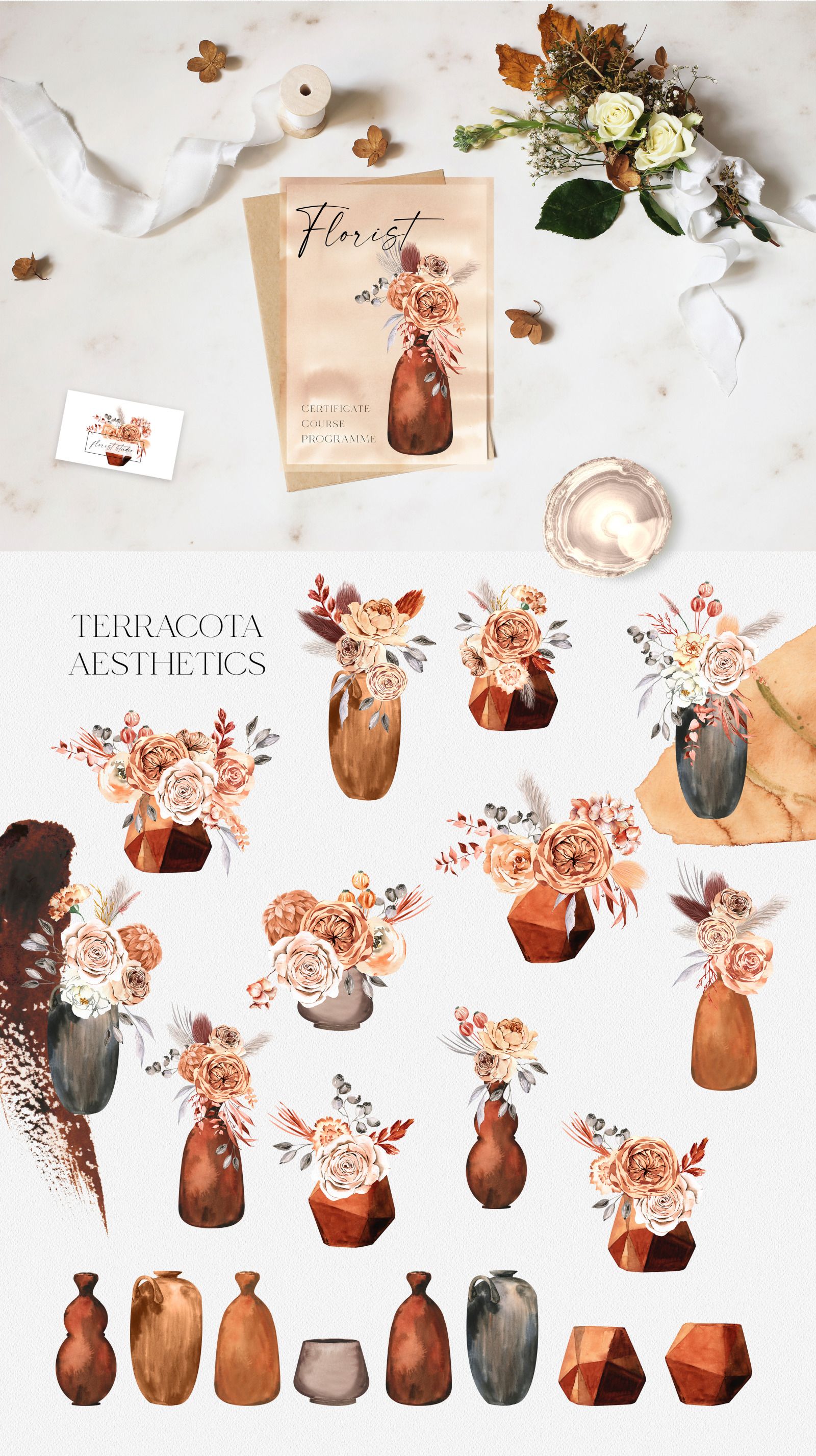 Caramel Latte Autumn Florals arrangements, bouquets, terracota, patterns. Fall clipart