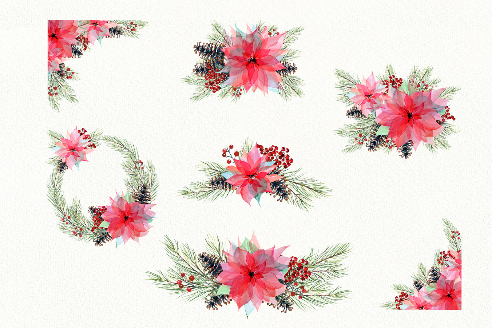 Watercolor christmas poinsettia clipart Winter watercolor graphics floral png Christmas wreath