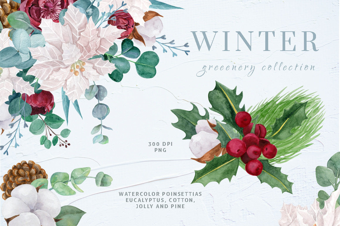 WINTER GREENERY WATERCOLOR CLIPART COLLECTION