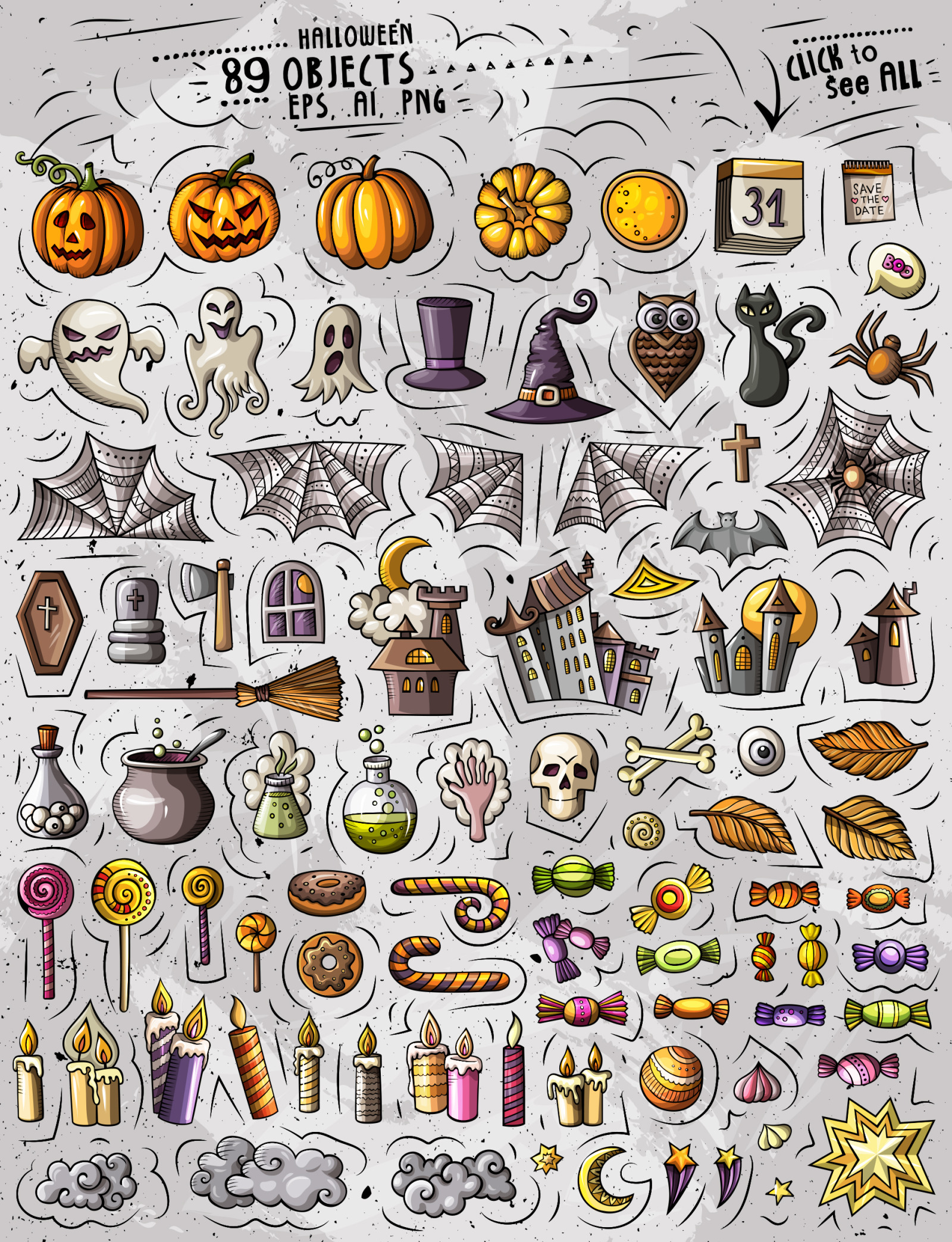 Halloween Cartoon Objects Set