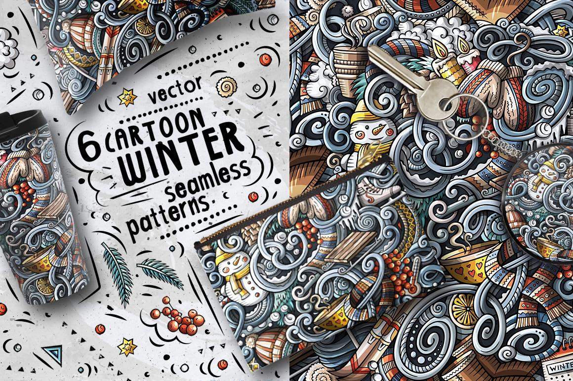6 Winter Cartoon Seamless Patterns 6 Winter Cartoon Seamless Patterns