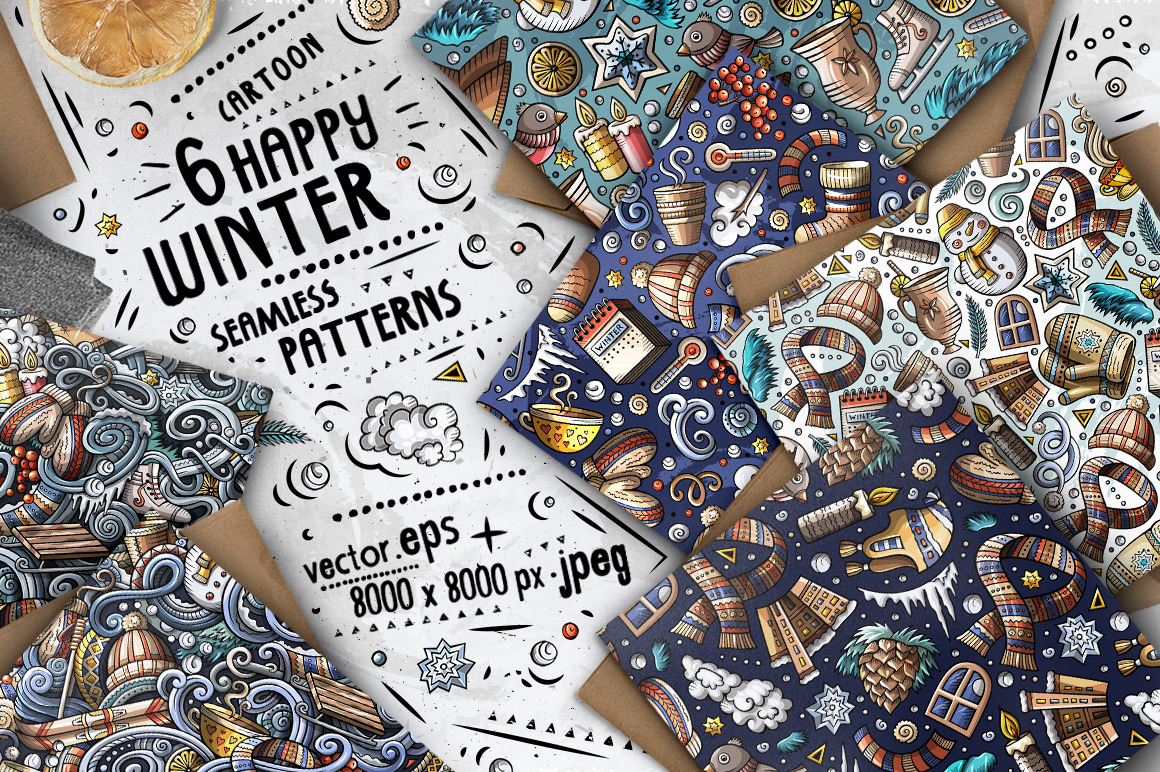 6 Winter Cartoon Seamless Patterns 6 Winter Cartoon Seamless Patterns