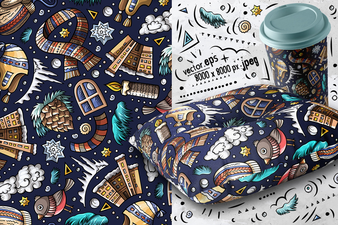 6 Winter Cartoon Seamless Patterns 6 Winter Cartoon Seamless Patterns