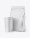 Matte Stand-Up Bag with Coffee Cup Mockup