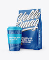 Matte Stand-Up Bag with Coffee Cup Mockup