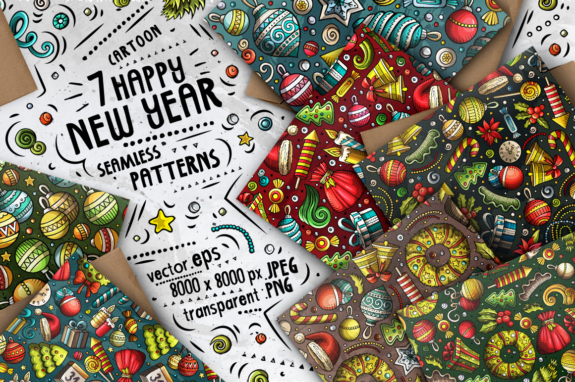 7 New Year Cartoon Seamless Patterns