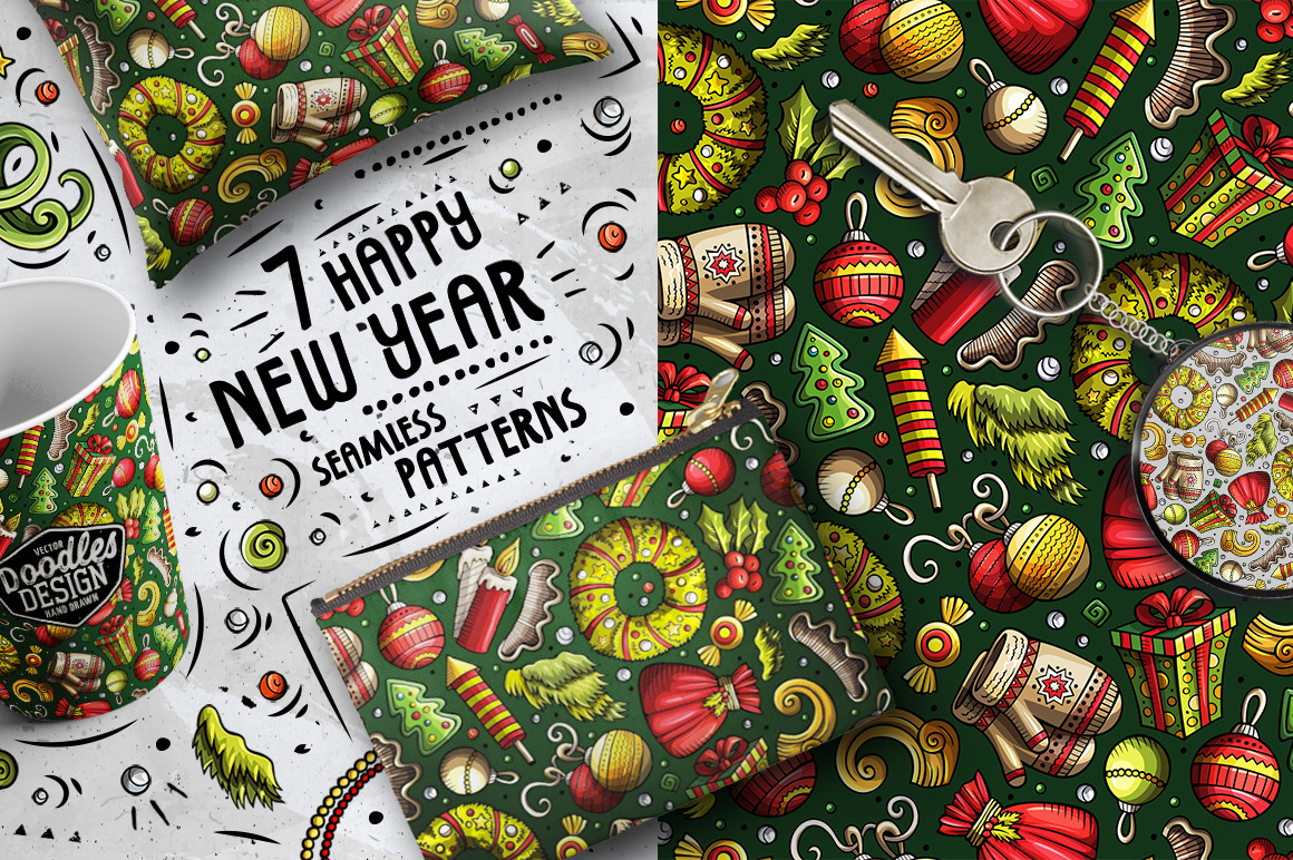 7 New Year Cartoon Seamless Patterns