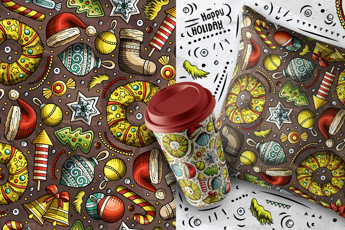 7 New Year Cartoon Seamless Patterns