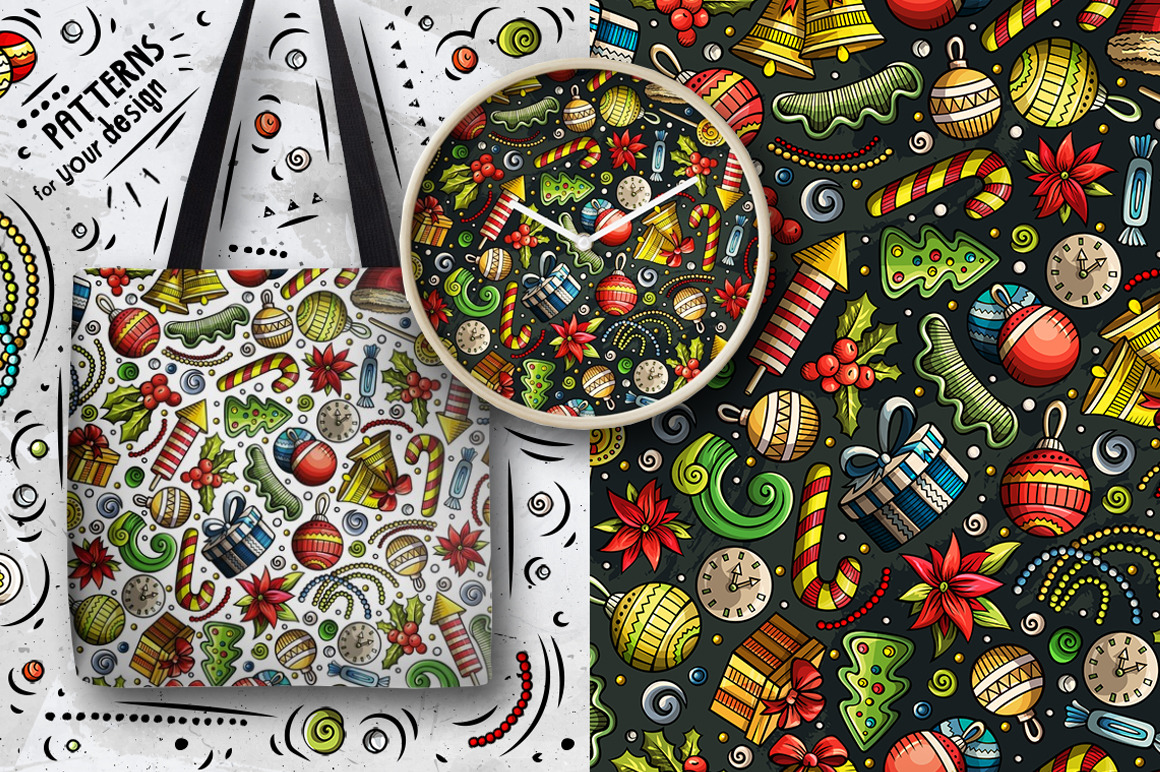 7 New Year Cartoon Seamless Patterns