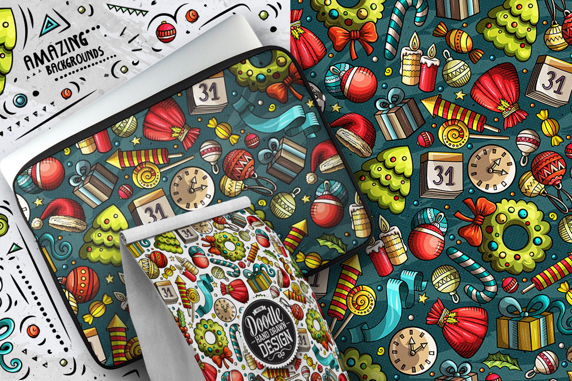 7 New Year Cartoon Seamless Patterns