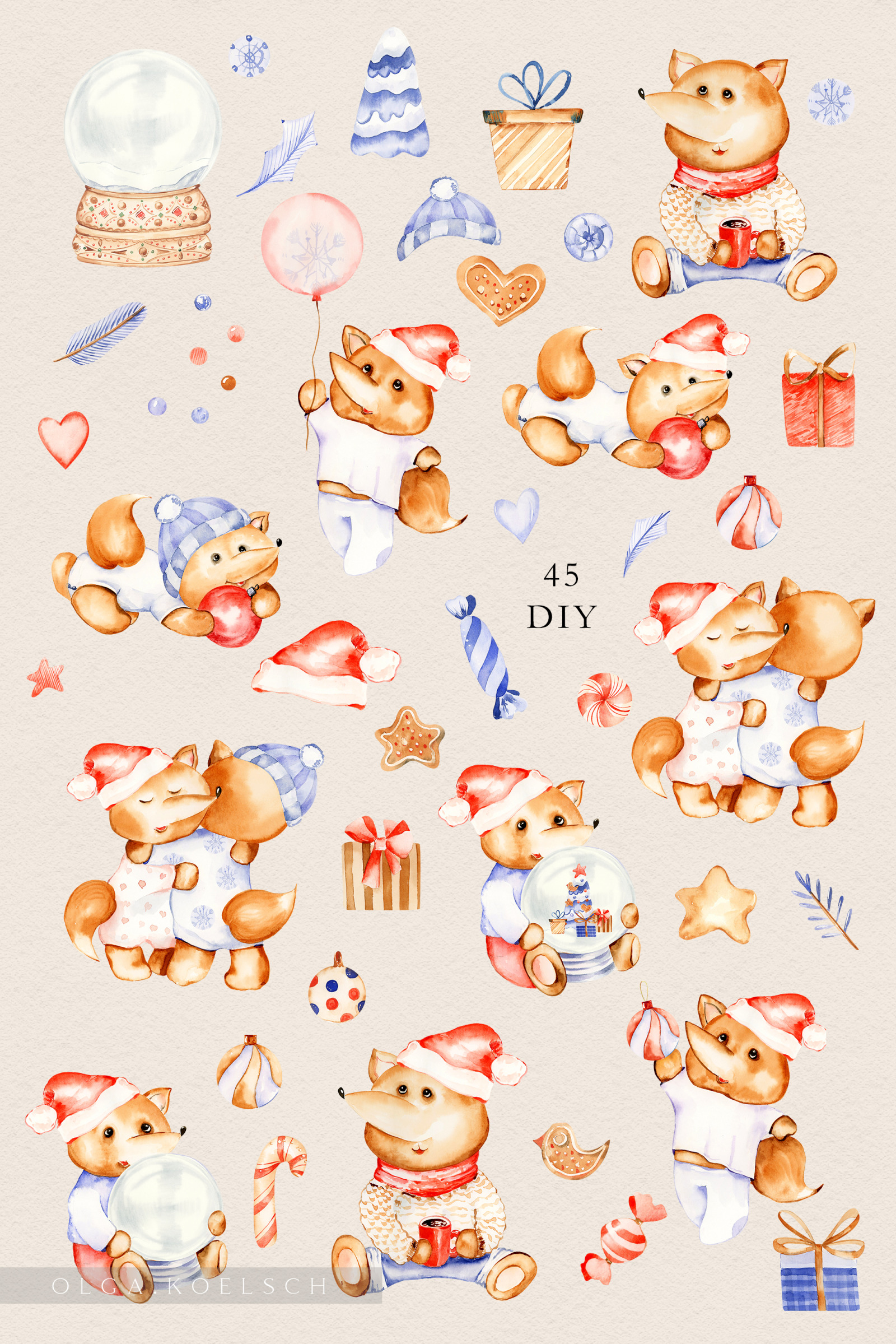 Fox watercolor christmas clipart My first christmas nursery art Cute christmas sleepng fox clipart