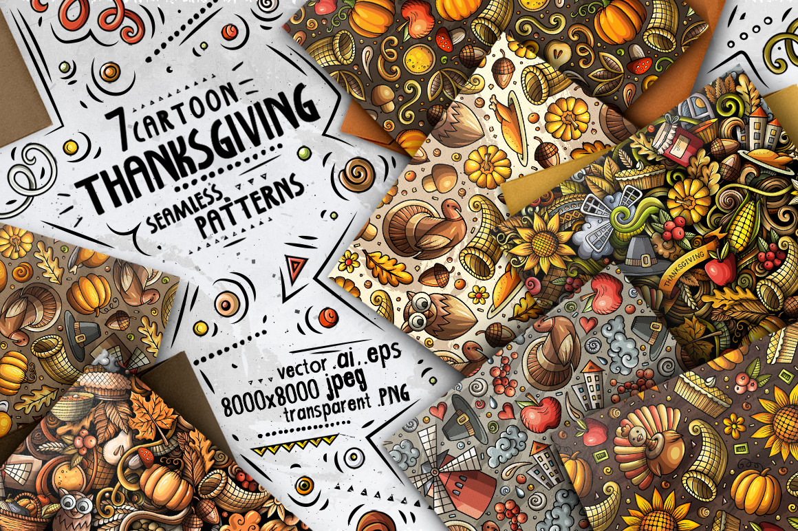 7 Thanksgiving Cartoon Seamless Patterns