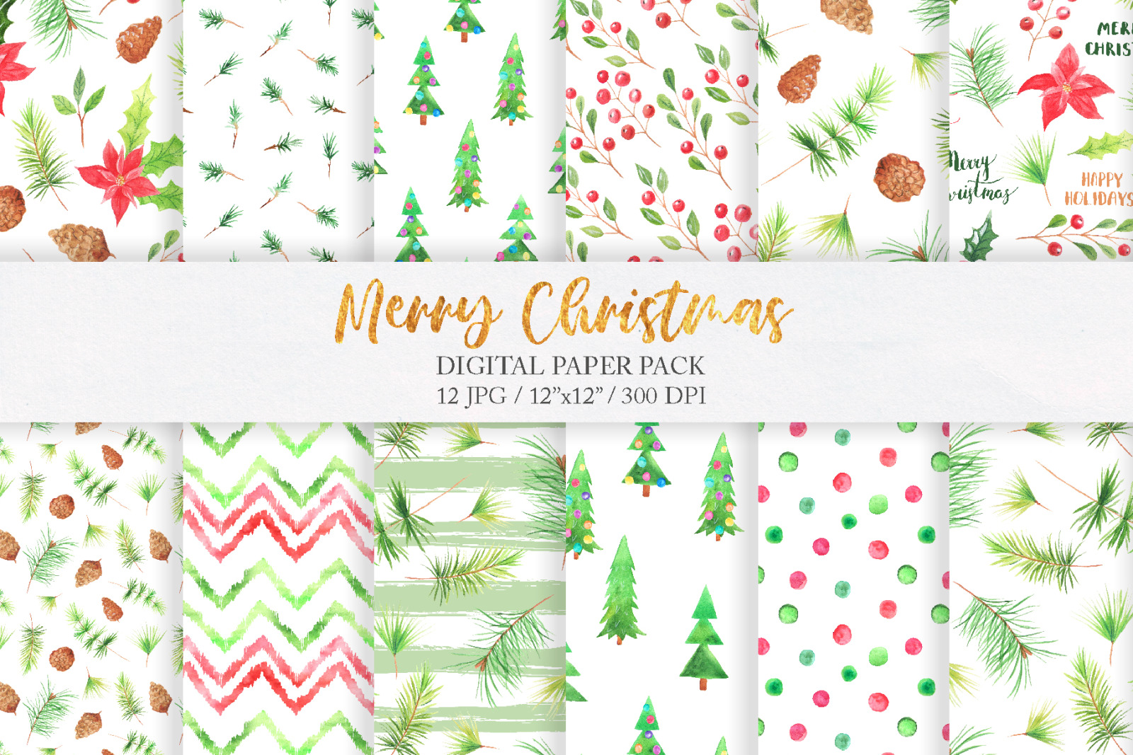 Watercolor Christmas Digital Papers Pack