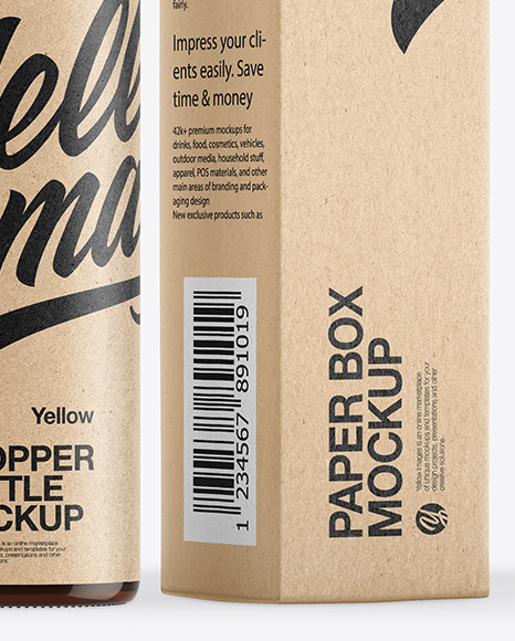 Amber Glass Dropper Bottle with Kraft Paper Box Mockup