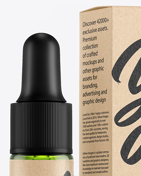 Green Glass Dropper Bottle with Kraft Paper Box Mockup