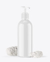 Glossy Cosmetic Bottle with Pump And Coral Sponges Mockup