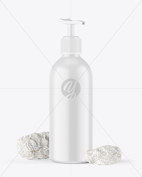 Matte Cosmetic Bottle with Pump and Coral Sponges Mockup