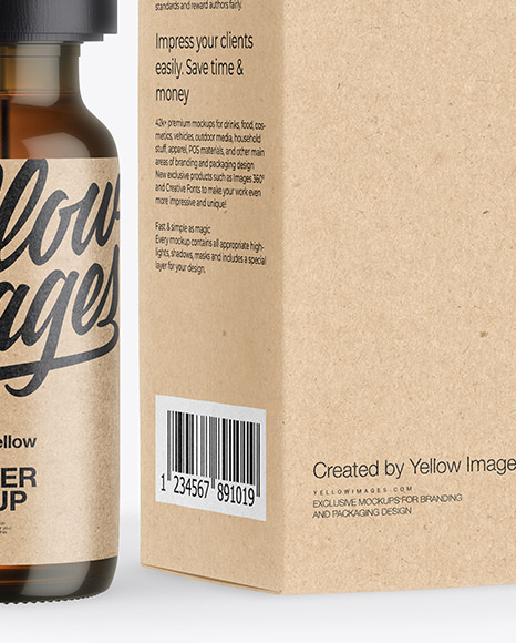 Amber Glass Dropper Bottle with Kraft Paper Box Mockup