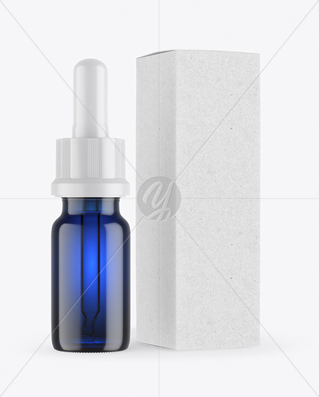 Blue Glass Dropper Bottle with Kraft Paper Box Mockup