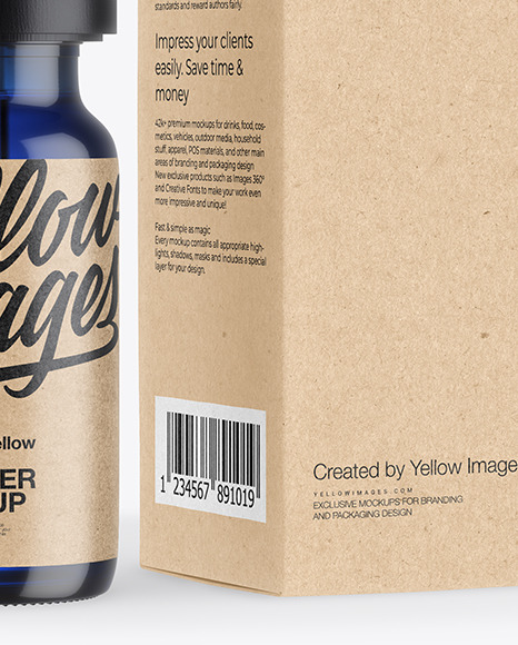 Blue Glass Dropper Bottle with Kraft Paper Box Mockup