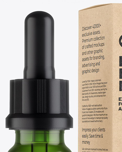 Green Glass Dropper Bottle with Kraft Paper Box Mockup