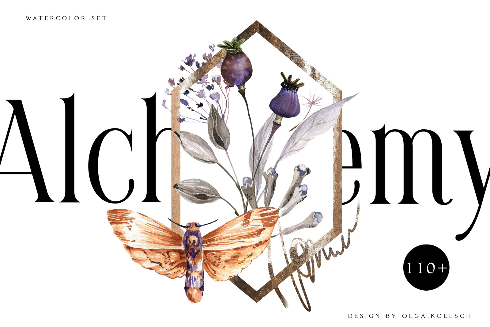 Watercolor dried flower bouquet clipart Boho floral elements. Moth watercolor clipart