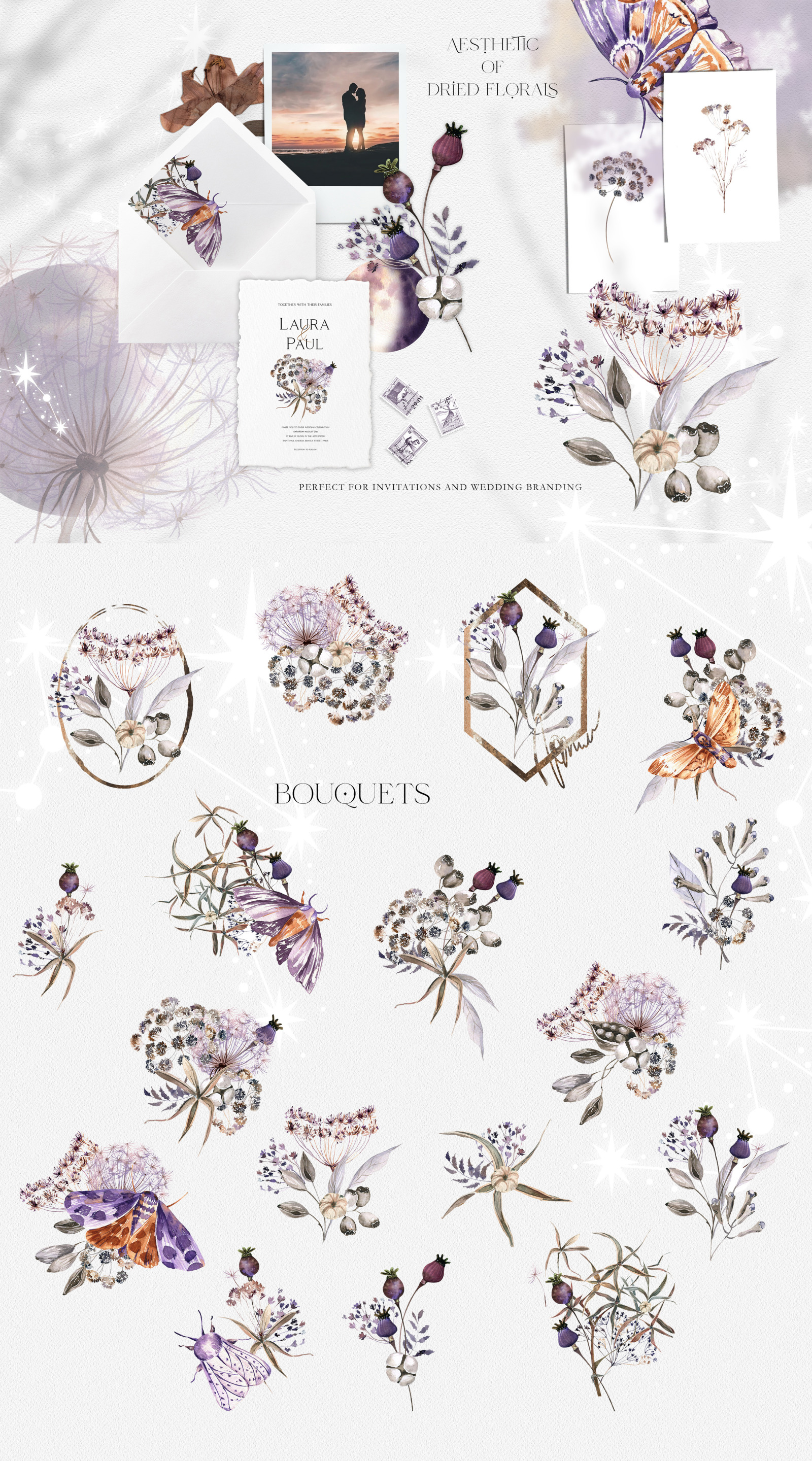 Watercolor dried flower bouquet clipart Boho floral elements. Moth watercolor clipart