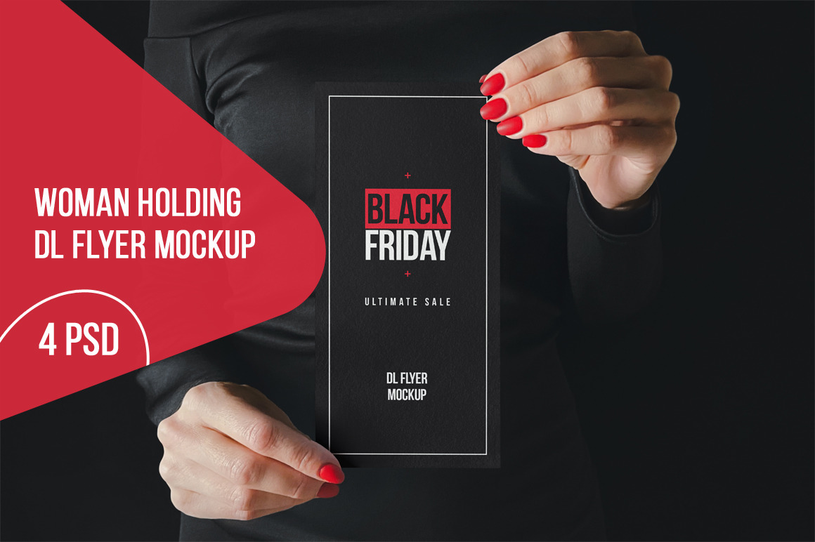 Woman Holding DL Flyer Black Scene Mockup