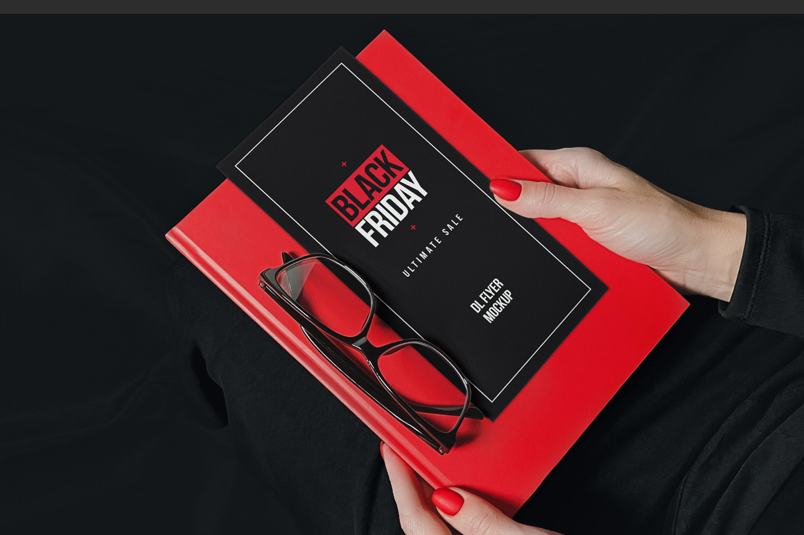 Woman Holding DL Flyer Black Scene Mockup