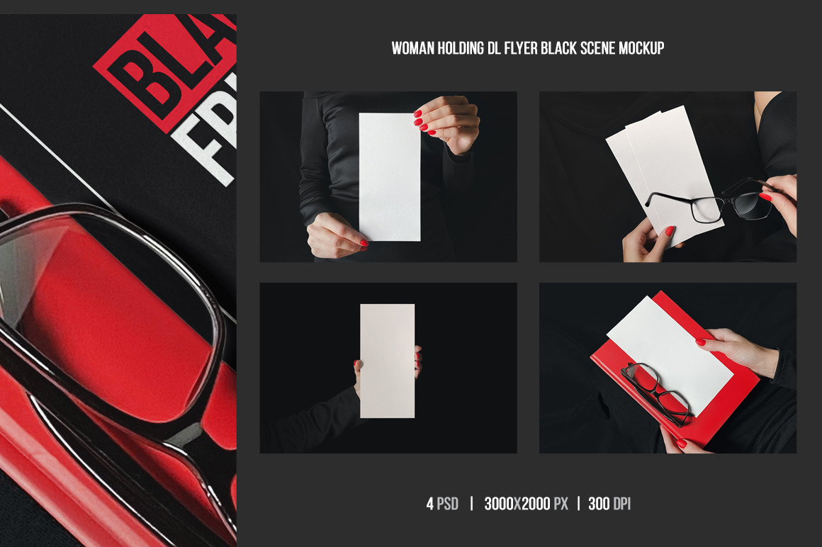 Woman Holding DL Flyer Black Scene Mockup