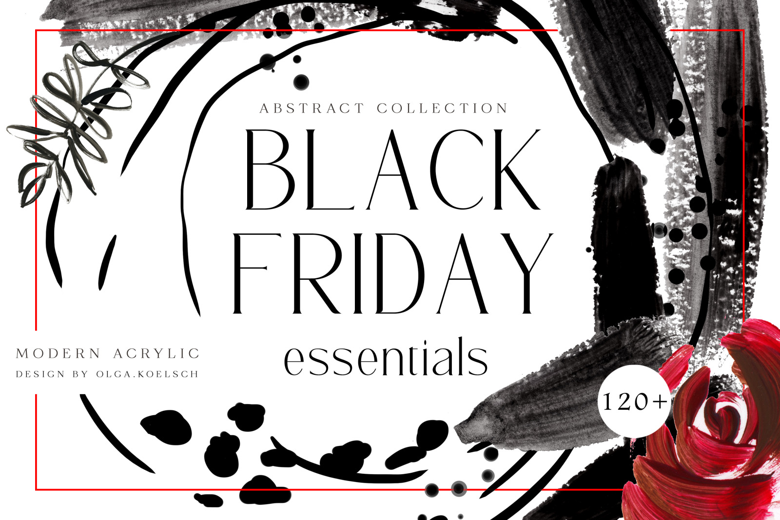 Black Friday sale templates, social media sale stickers, black brushstrokes, floral frames