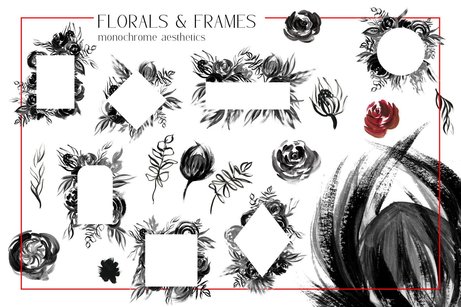 Black Friday sale templates, social media sale stickers, black brushstrokes, floral frames