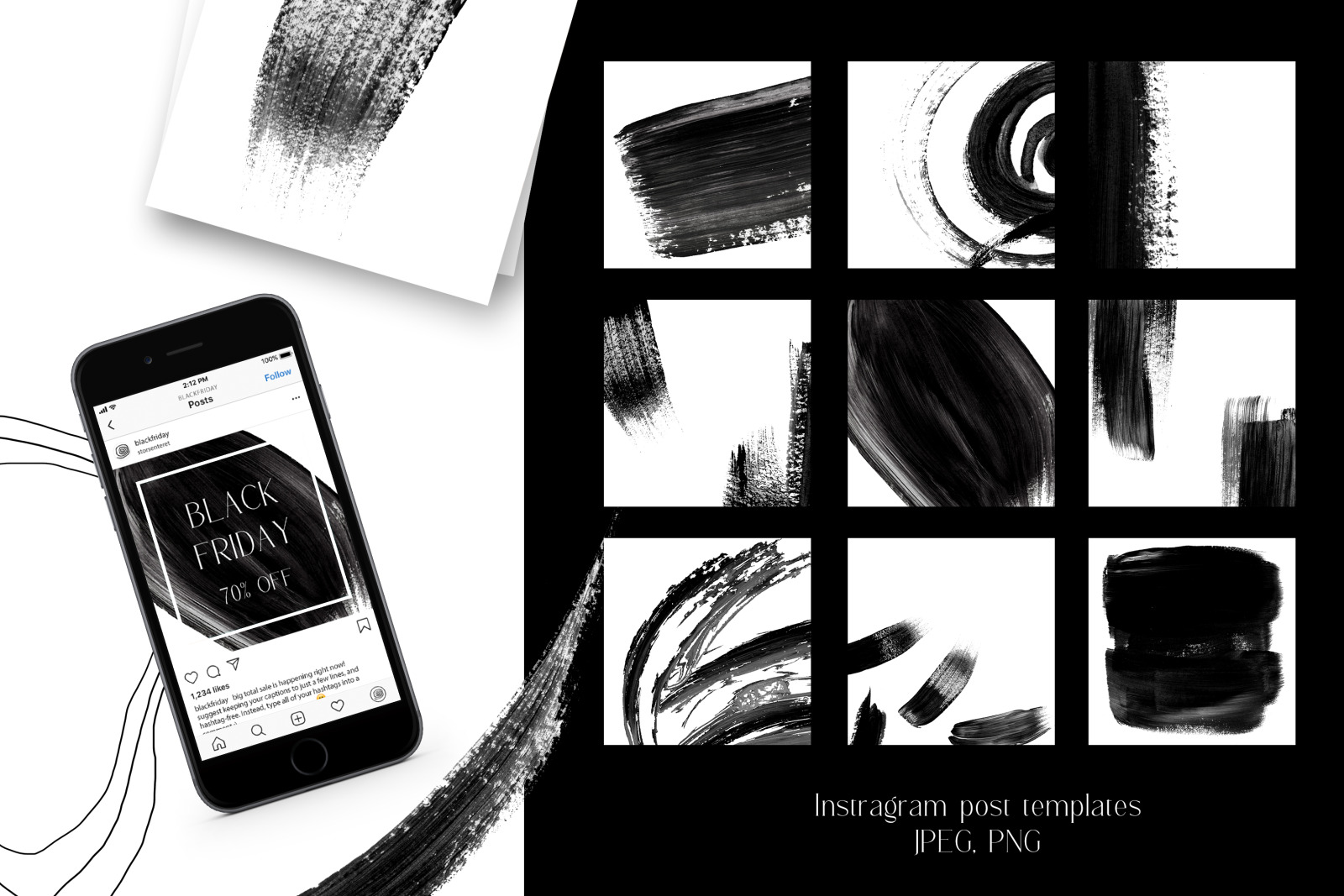 Black Friday sale templates, social media sale stickers, black brushstrokes, floral frames Black Friday sale templates, social media sale stickers, black brushstrokes, floral frames