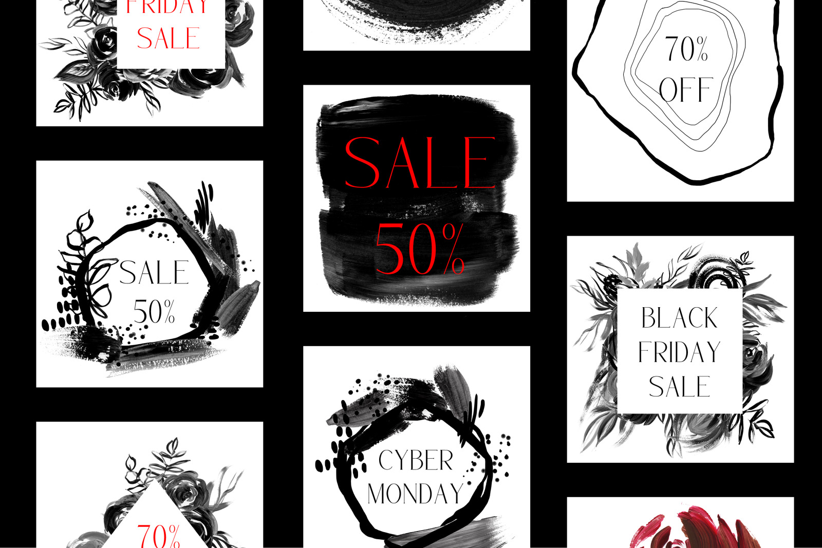 Black Friday sale templates, social media sale stickers, black brushstrokes, floral frames