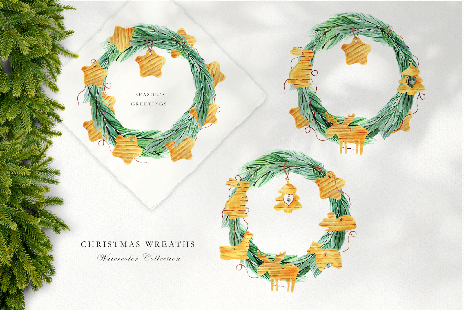 Natural christmas clipart, Watercolor Christmas wreath png with wooden decor, Holiday clipart