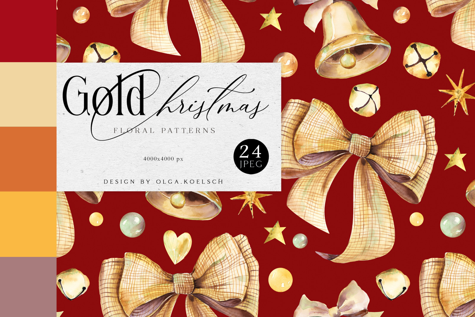 Christmas digital paper pack. Red Christmas seamless paper with golden christmas decor