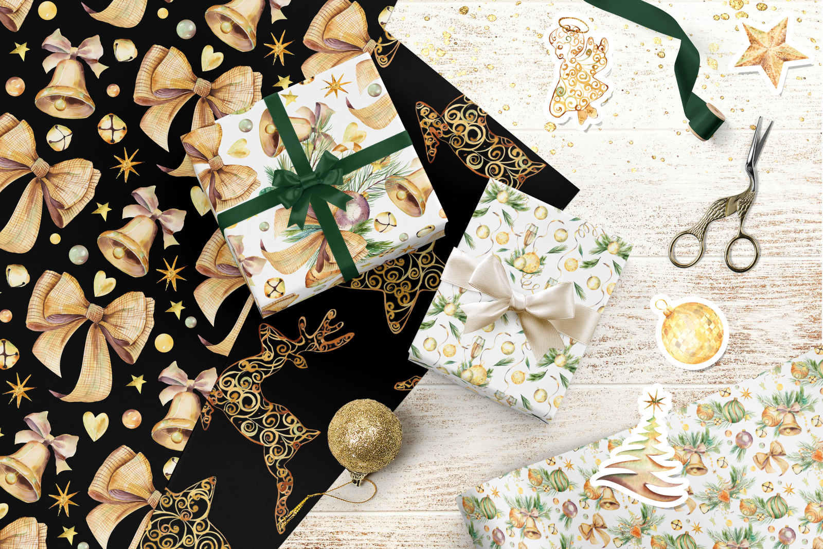 Christmas digital paper pack. Red Christmas seamless paper with golden christmas decor Christmas digital paper pack. Red Christmas seamless paper with golden christmas decor