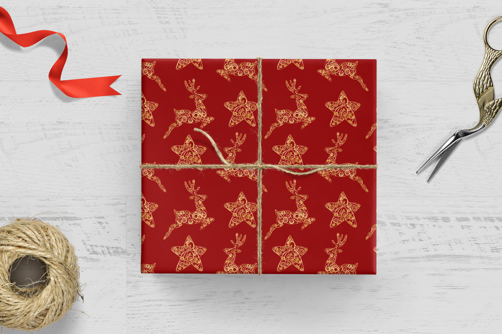 Christmas digital paper pack. Red Christmas seamless paper with golden christmas decor