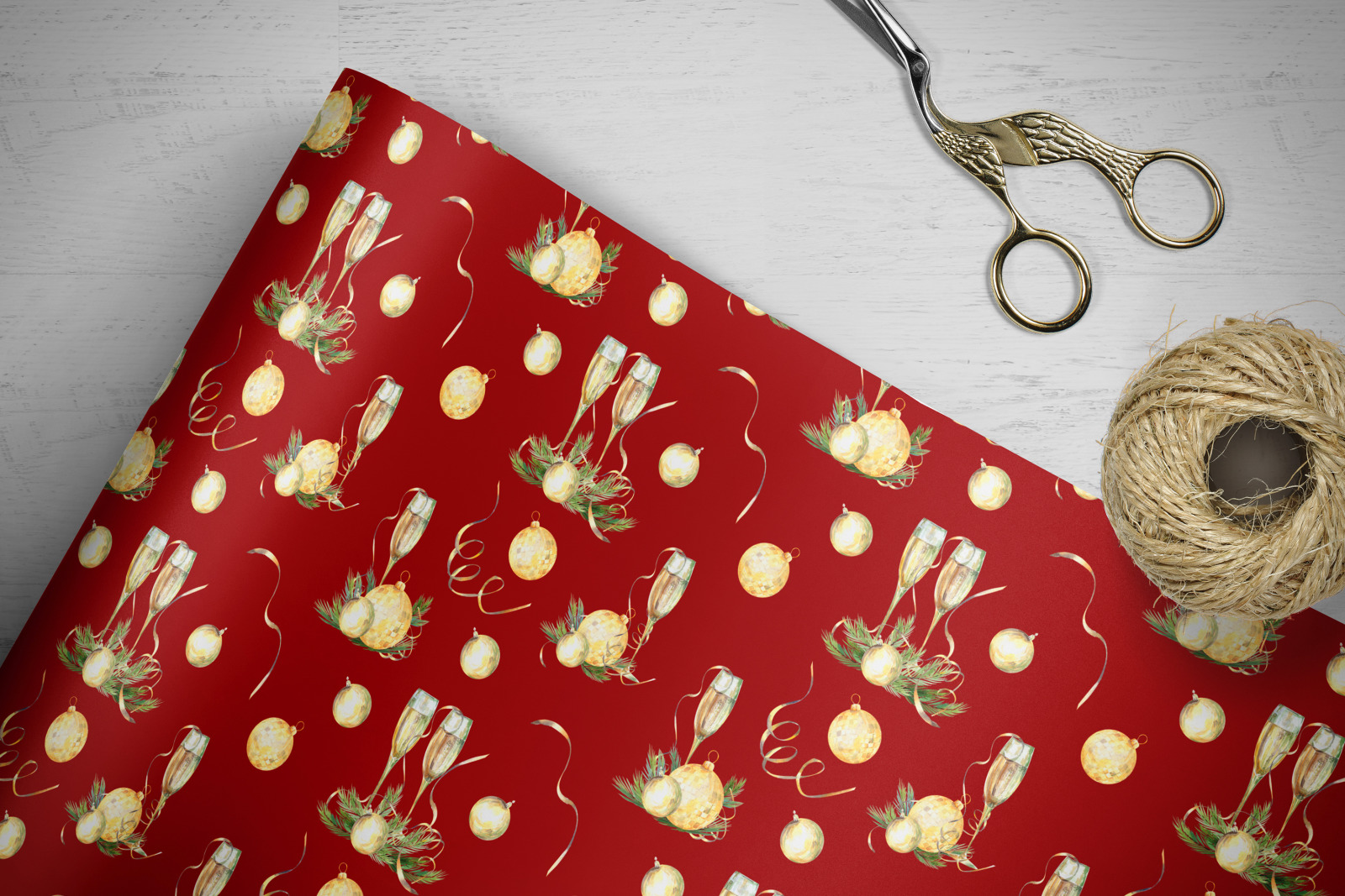 Christmas digital paper pack. Red Christmas seamless paper with golden christmas decor