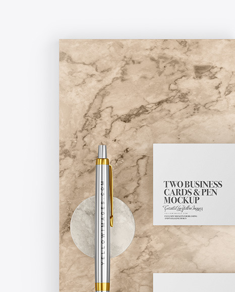 Two Business Cards & Pen with Marble Mockup