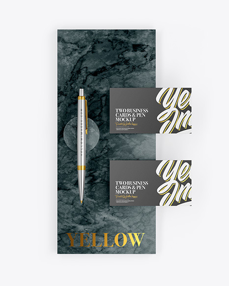 Two Business Cards & Pen with Marble Mockup