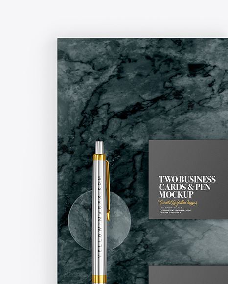 Two Business Cards & Pen with Marble Mockup