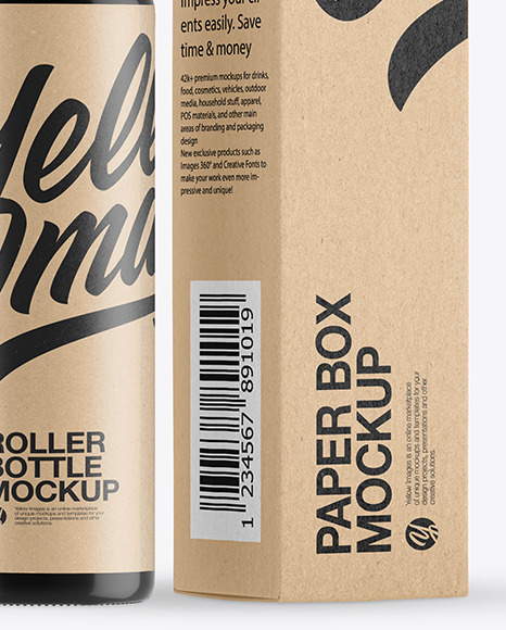 Glossy Roller Bottle with Kraft Box Mockup