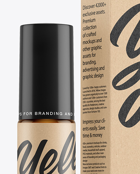 Amber Glass Roller Bottle with Kraft Box Mockup Amber Glass Roller Bottle with Kraft Box Mockup