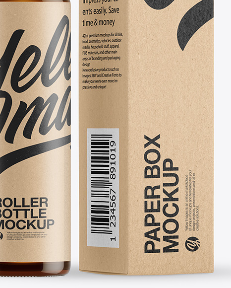 Amber Glass Roller Bottle with Kraft Box Mockup Amber Glass Roller Bottle with Kraft Box Mockup