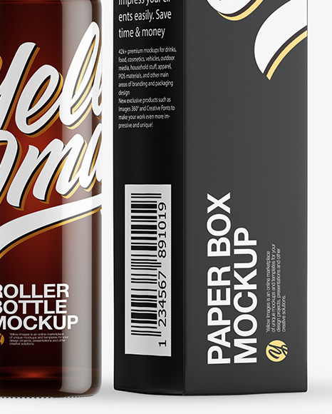 Dark Amber Glass Roller Bottle with Box Mockup